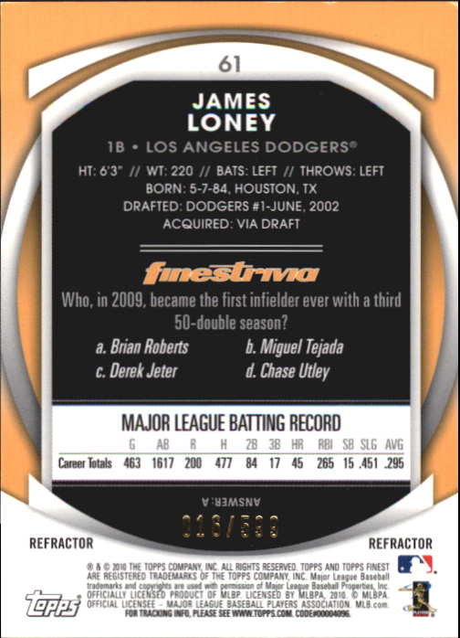 2010 Finest Refractors #61 James Loney back image