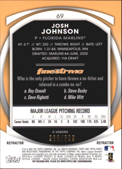 2010 Finest Refractors #69 Josh Johnson back image