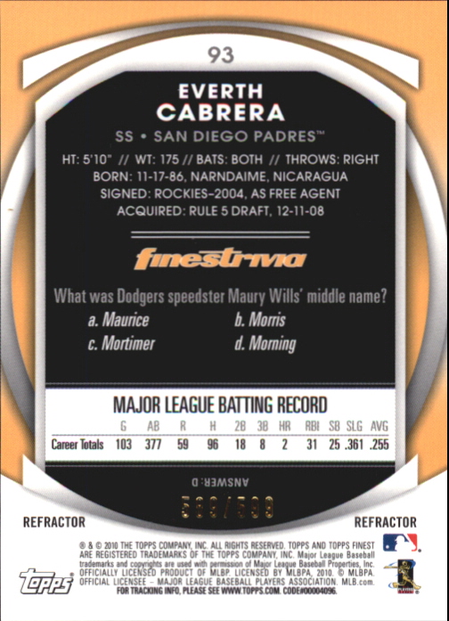 2010 Finest Refractors #93 Everth Cabrera back image