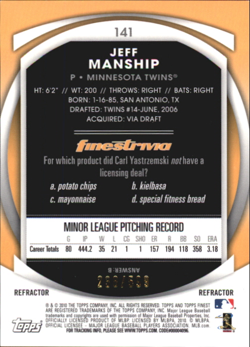 2010 Finest Refractors #141 Jeff Manship back image