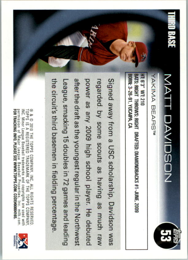 2010 Topps Pro Debut #53 Matt Davidson back image