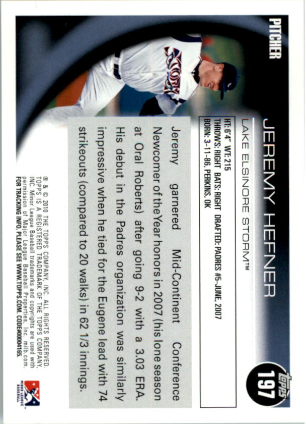 2010 Topps Pro Debut #197 Jeremy Hefner back image