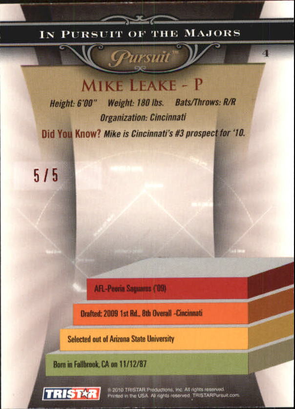 2010 TRISTAR Pursuit Autographs Red #4 Mike Leake back image