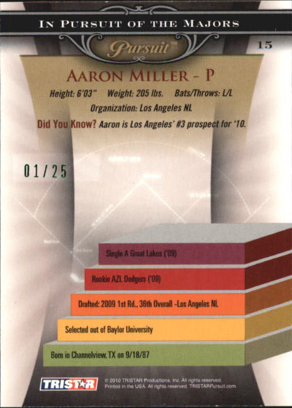 2010 TRISTAR Pursuit Autographs Green #15 Aaron Miller back image