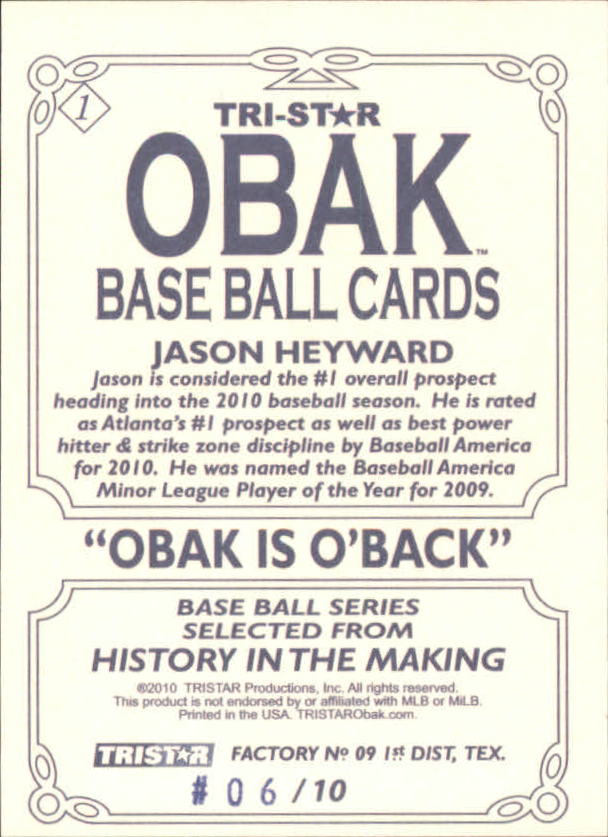 2010 TRISTAR Pursuit Obak Preview Autographs #1 Jason Heyward back image