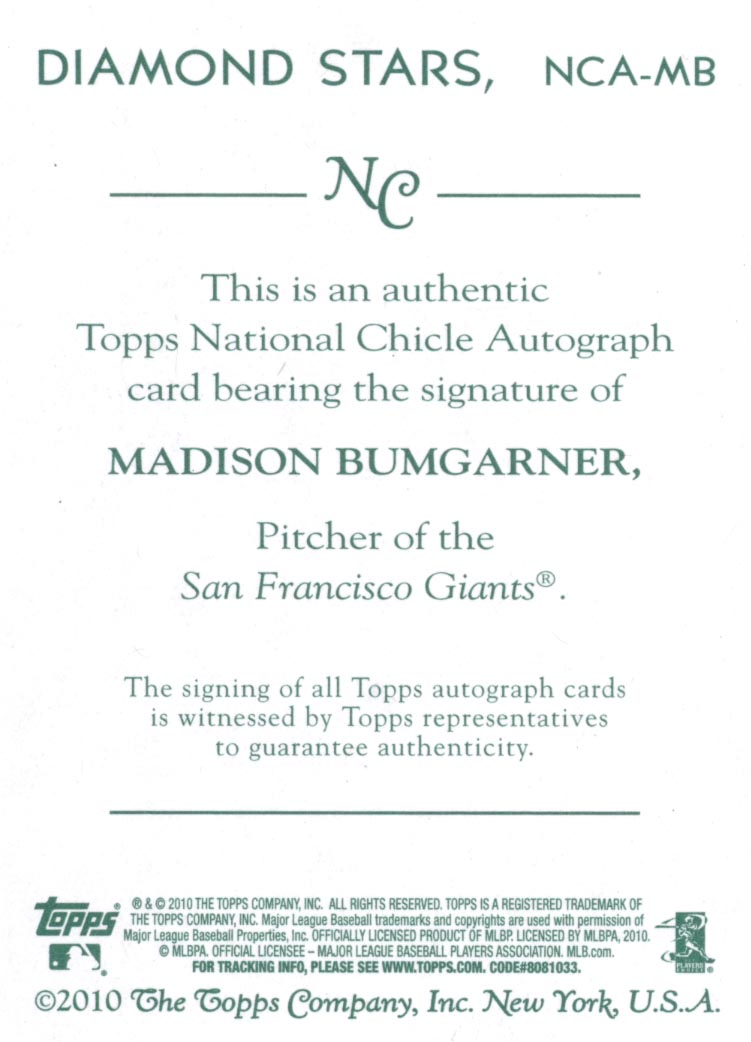 2010 Topps National Chicle Autographs #MB Madison Bumgarner A back image