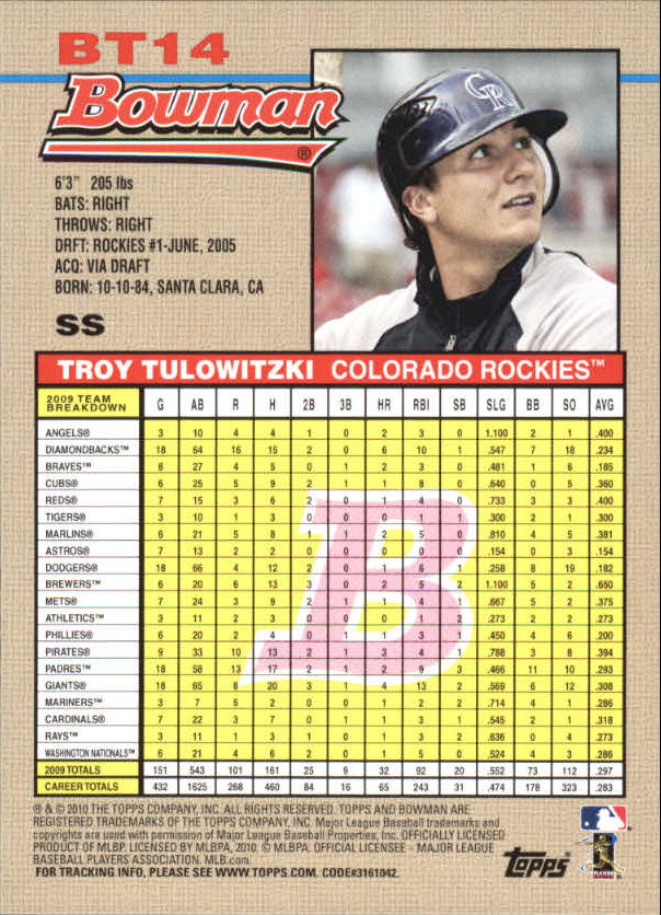 2010 Bowman 1992 Bowman Throwbacks #BT14 Troy Tulowitzki back image