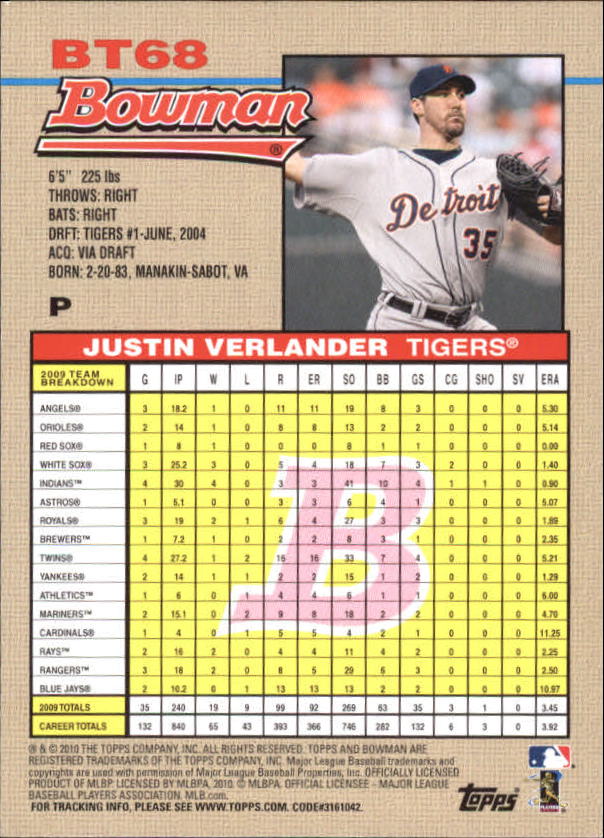 2010 Bowman 1992 Bowman Throwbacks #BT68 Justin Verlander back image