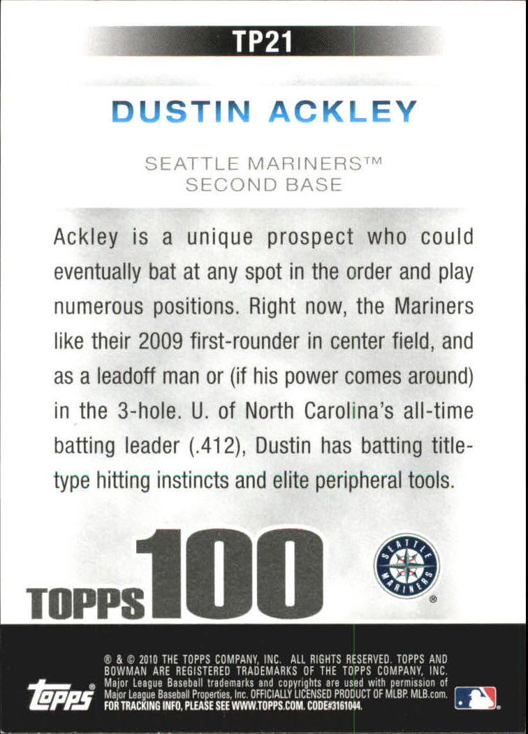 2010 Bowman Topps 100 Prospects #TP21 Dustin Ackley back image