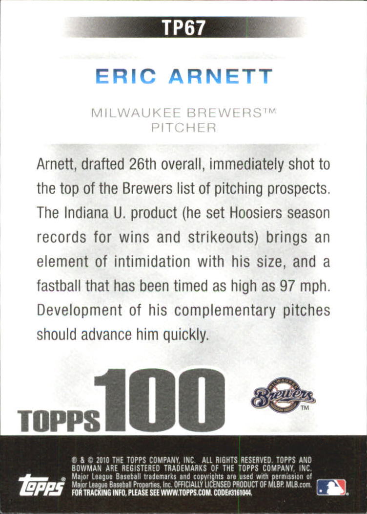 2010 Bowman Topps 100 Prospects #TP67 Eric Arnett back image