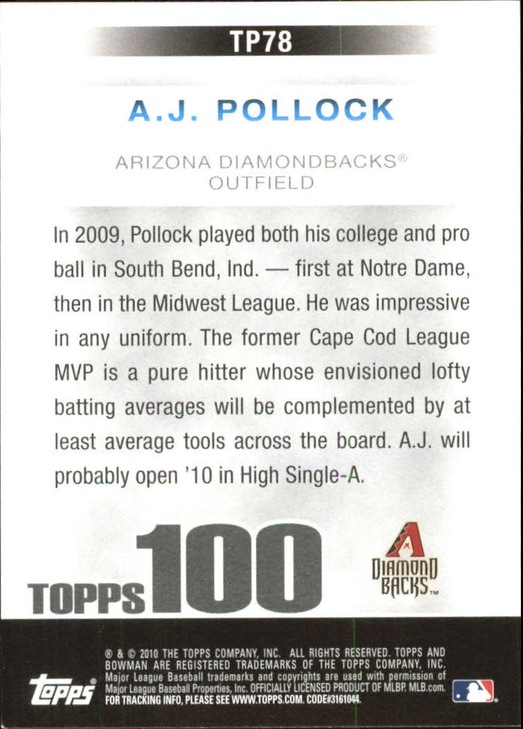 2010 Bowman Topps 100 Prospects #TP78 A.J. Pollock back image