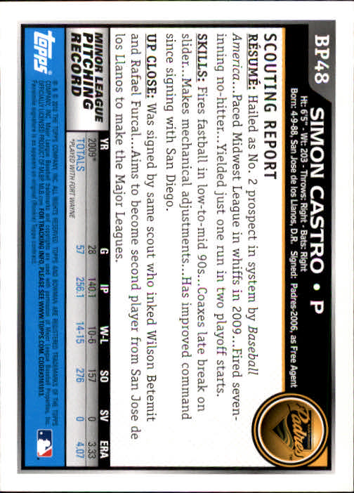 2010 Bowman Baseball "Prospects" Insert Cards #BP1 to #BP110 - Picture 97 of 221