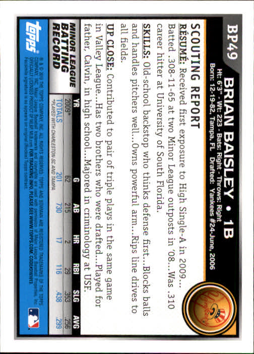2010 Bowman Baseball "Prospects" Insert Cards #BP1 to #BP110 - Picture 99 of 221