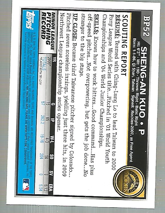 2010 Bowman Baseball "Prospects" Insert Cards #BP1 to #BP110 - Picture 105 of 221