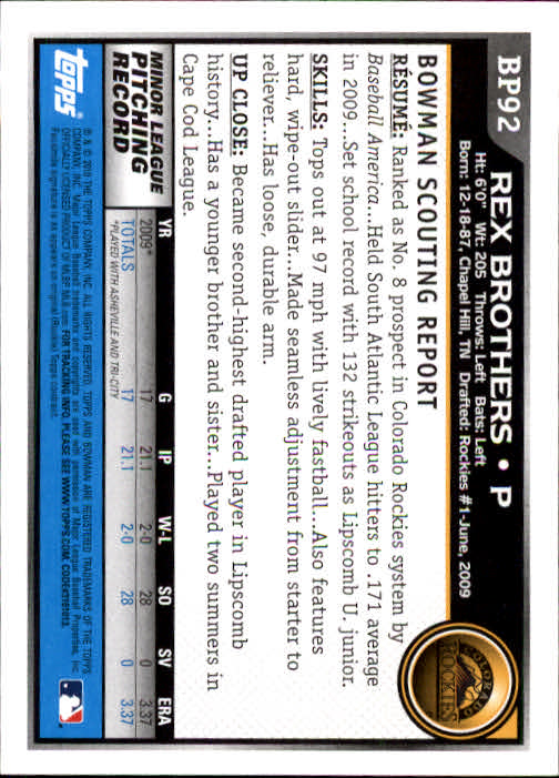 2010 Bowman Baseball "Prospects" Insert Cards #BP1 to #BP110 - Picture 185 of 221