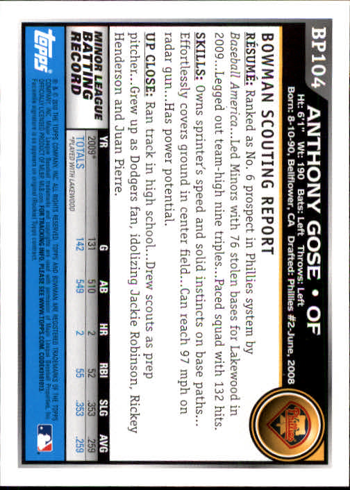 2010 Bowman Baseball "Prospects" Insert Cards #BP1 to #BP110 - Picture 209 of 221