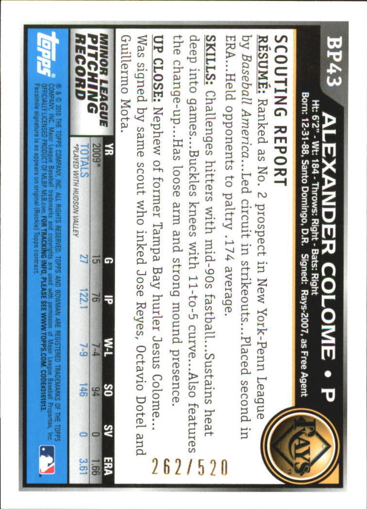 2010 Bowman Baseball "Prospects Blue" Insert Parallel Cards - Picture 12 of 32