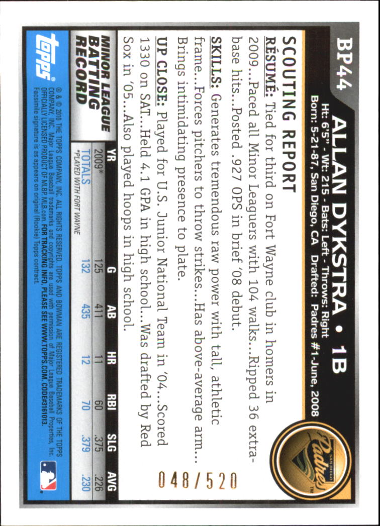 2010 Bowman Baseball "Prospects Blue" Insert Parallel Cards - Picture 14 of 32