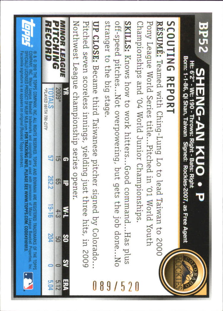 2010 Bowman Baseball "Prospects Blue" Insert Parallel Cards - Picture 18 of 32