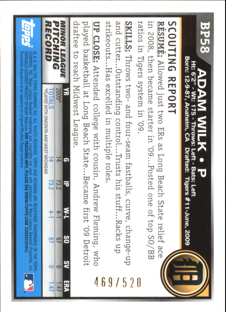 2010 Bowman Baseball "Prospects Blue" Insert Parallel Cards - Picture 22 of 32