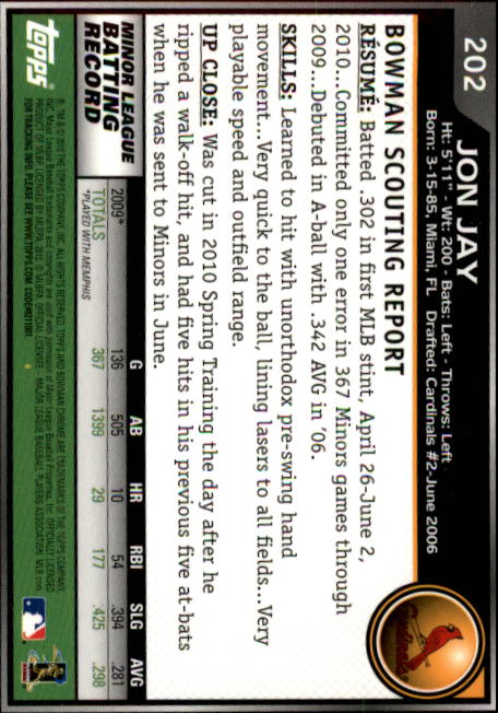 2010 Bowman Chrome #202 Jon Jay RC back image