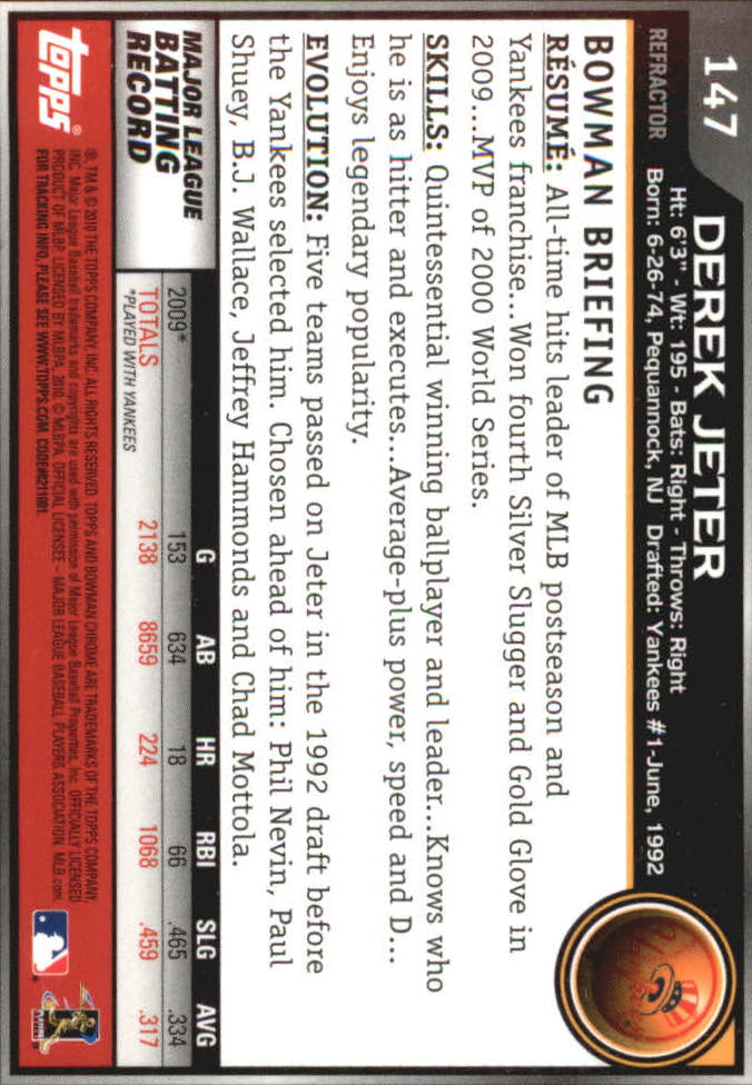 2010 Bowman Chrome Refractors #147 Derek Jeter back image