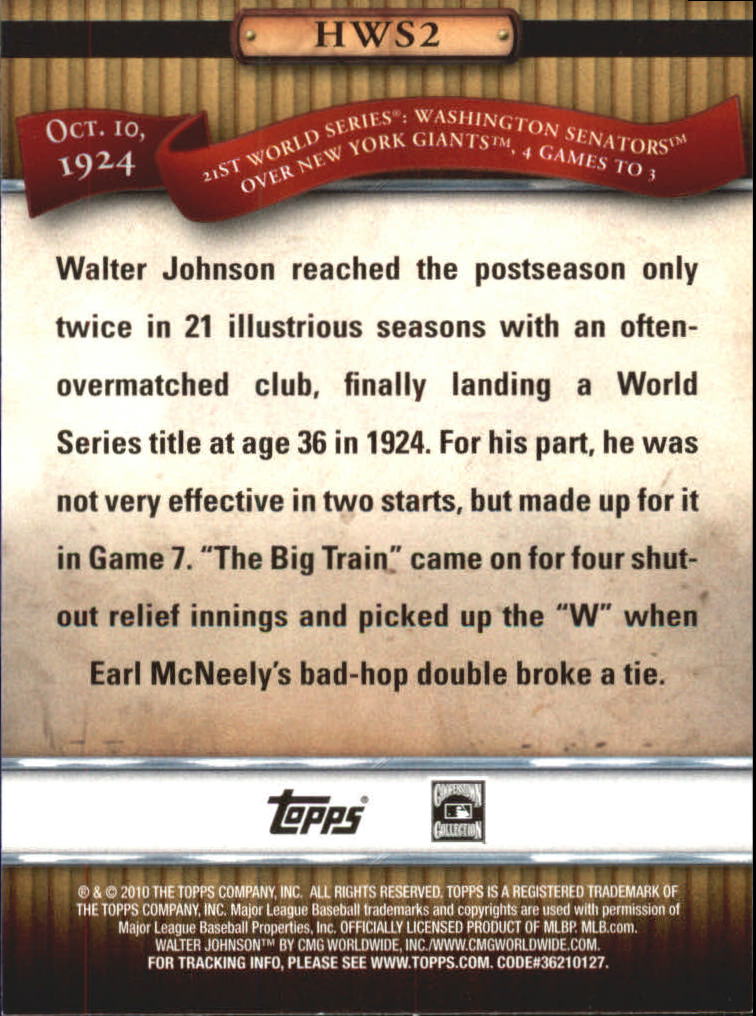 2010 Topps History of the World Series #HWS2 Walter Johnson back image