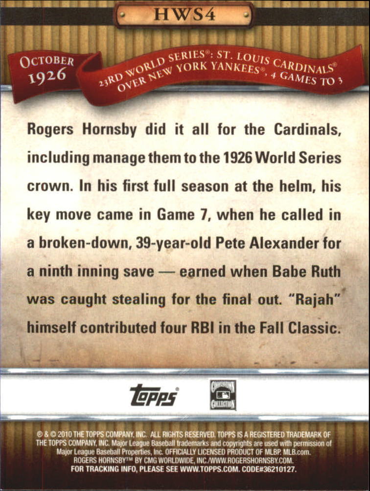 2010 Topps History of the World Series #HWS4 Rogers Hornsby back image