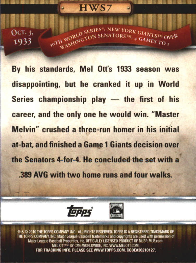 2010 Topps History of the World Series #HWS7 Mel Ott back image