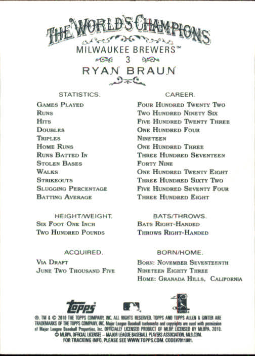 2010 Topps Allen and Ginter #3 Ryan Braun back image