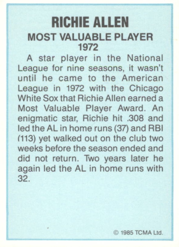 1985 TCMA AL MVP #1 Richie Allen back image