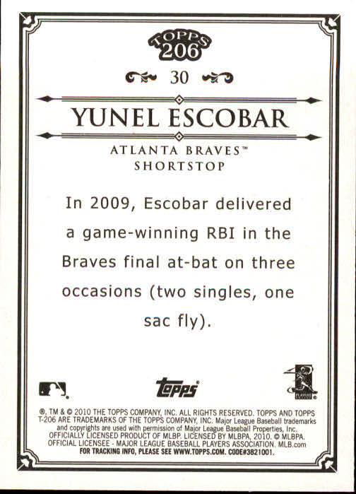 2010 Topps 206 #30 Yunel Escobar back image