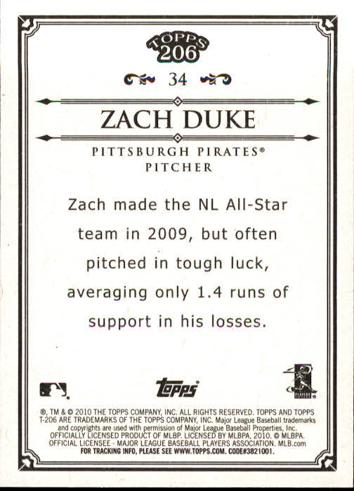 2010 Topps 206 #34 Zach Duke back image