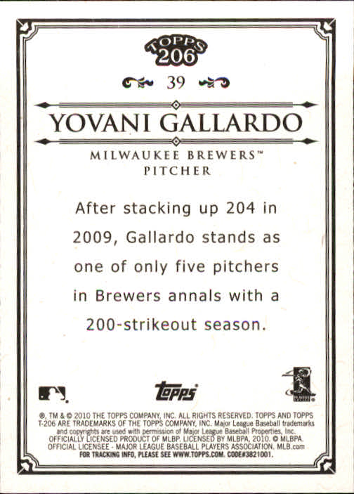 2010 Topps 206 #39 Yovani Gallardo back image