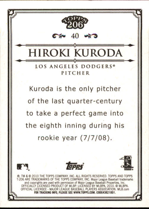 2010 Topps 206 #40 Hiroki Kuroda back image