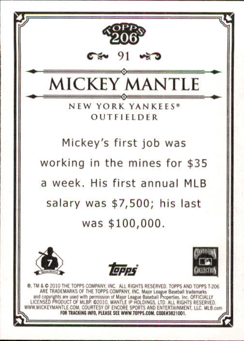 2010 Topps 206 #91 Mickey Mantle back image