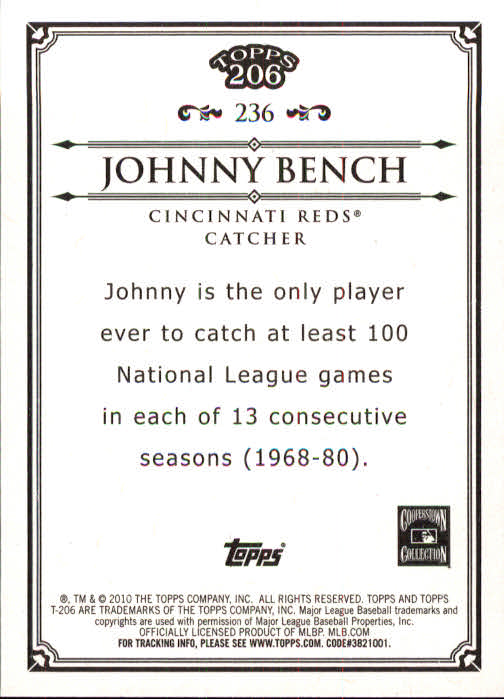 2010 Topps 206 #236 Johnny Bench back image