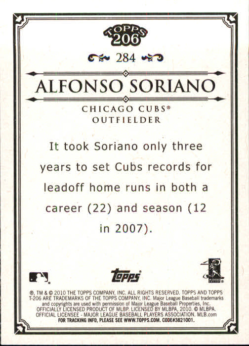 2010 Topps 206 #284 Alfonso Soriano back image