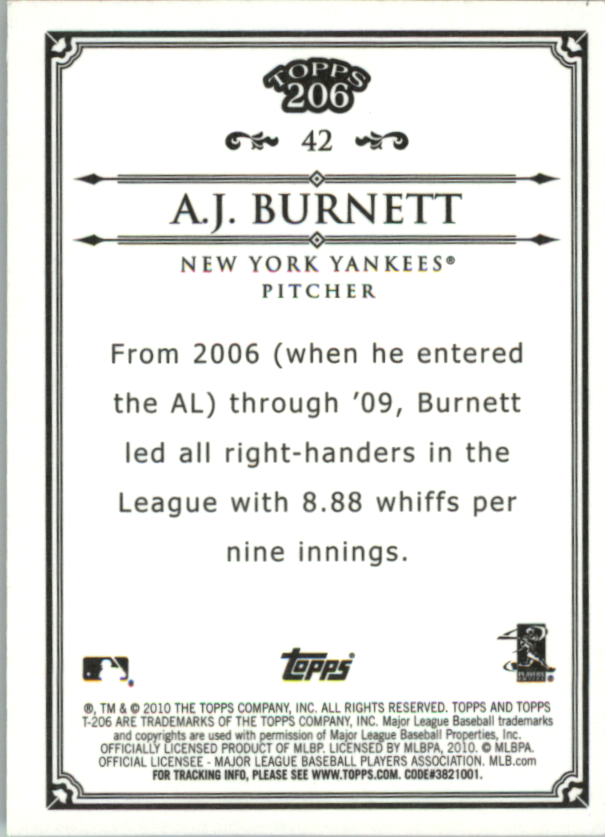 2010 Topps 206 Bronze #42 A.J. Burnett back image
