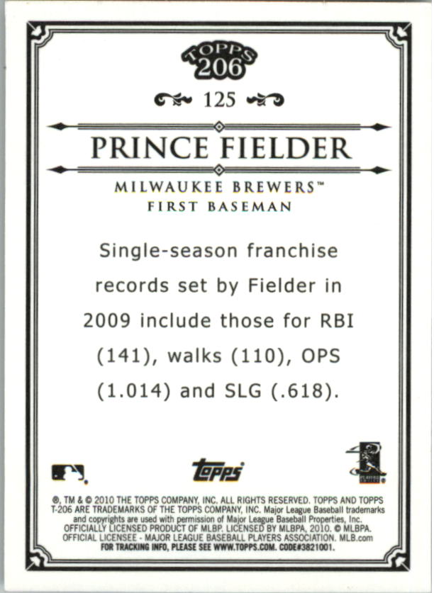 2010 Topps 206 Bronze #125 Prince Fielder back image