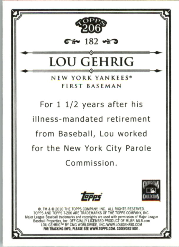 2010 Topps 206 Bronze #182 Lou Gehrig back image