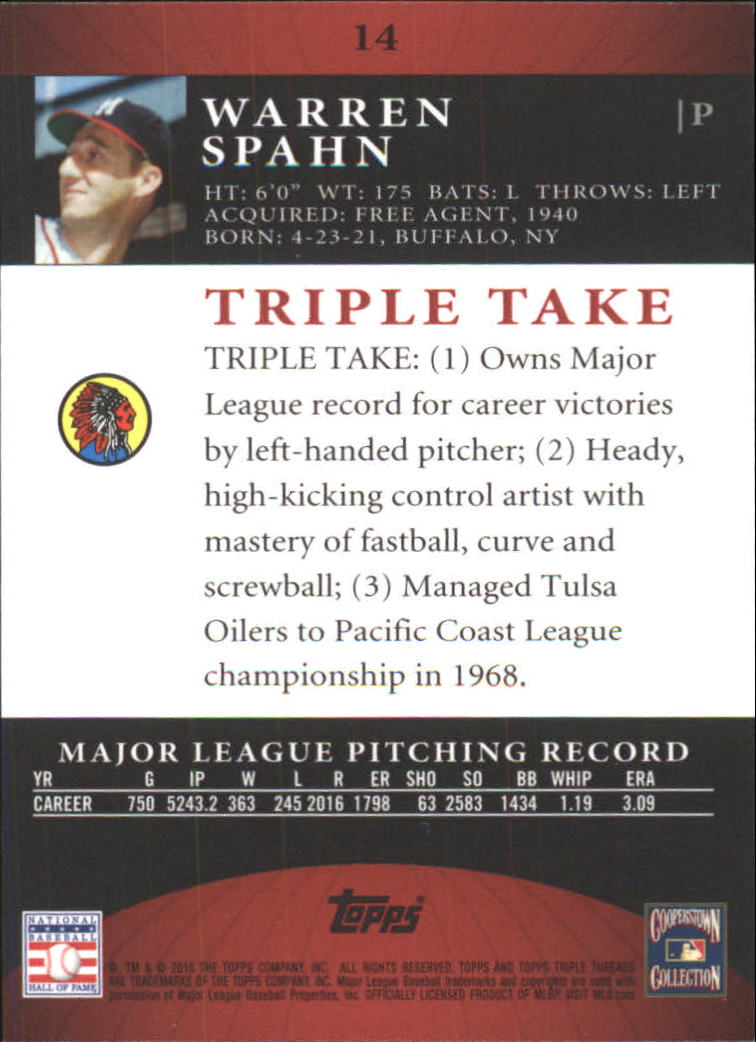 2010 Topps Triple Threads #14 Warren Spahn back image