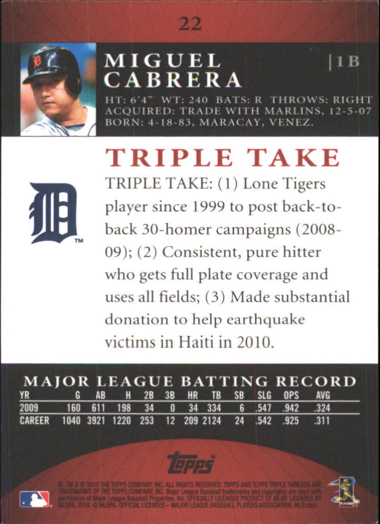 2010 Topps Triple Threads #22 Miguel Cabrera back image