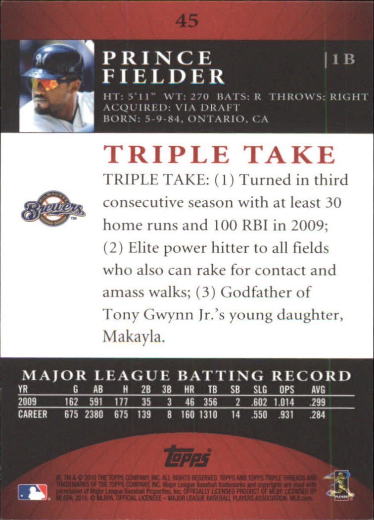 2010 Topps Triple Threads #45 Prince Fielder back image