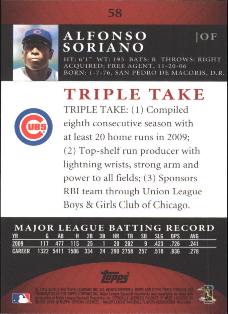 2010 Topps Triple Threads #58 Alfonso Soriano back image