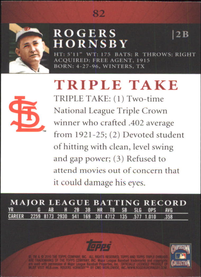 2010 Topps Triple Threads #82 Rogers Hornsby back image