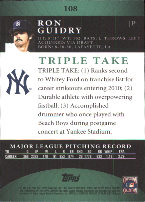 2010 Topps Triple Threads Emerald #108 Ron Guidry back image