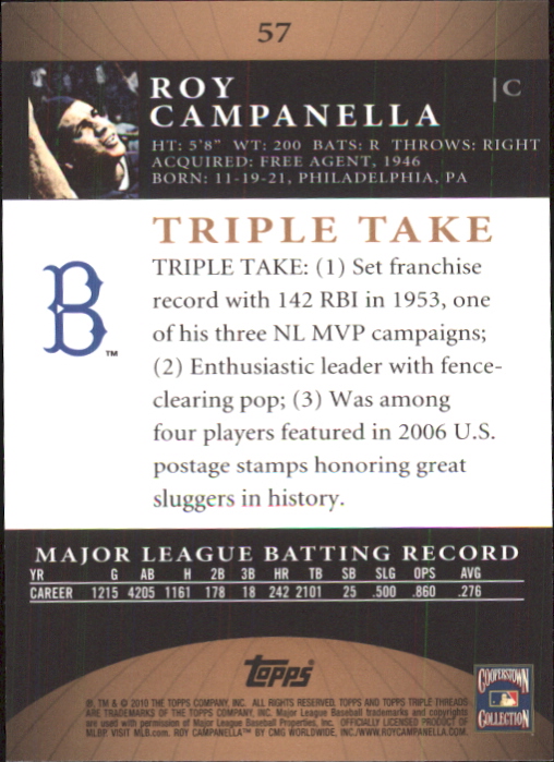 2010 Topps Triple Threads Sepia #57 Roy Campanella back image