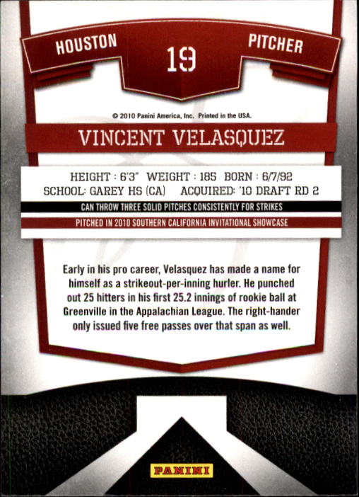 2010 Donruss Elite Extra Edition #19 Vincent Velasquez back image