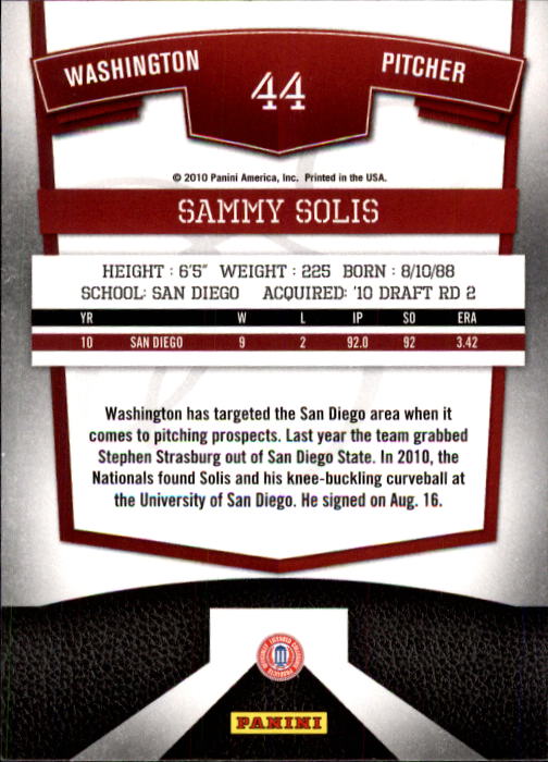 2010 Donruss Elite Extra Edition #44 Sammy Solis back image